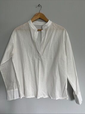 Women's White Split-Neck Long Sleeve Top